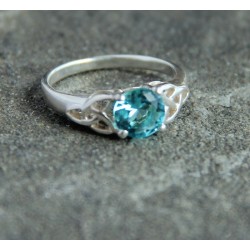 Silver Celtic Trinity Ring with Blue Crystal Stone