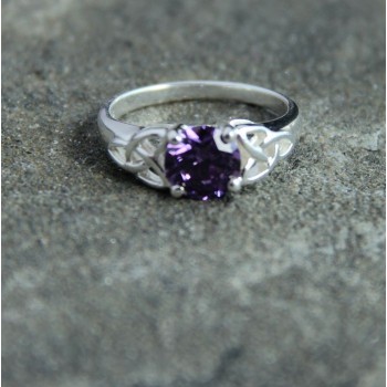 Silver Celtic Trinity Ring with Purple Crystal Stone